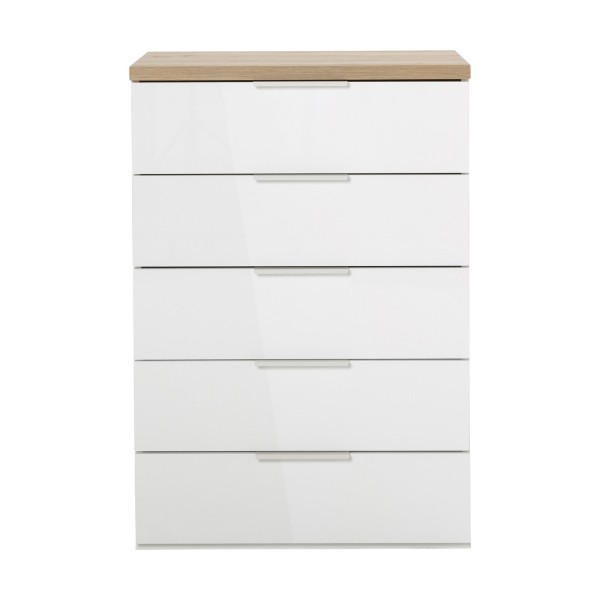 Vista frontale Mobile cassettone in legno colore "Bianco Laccato/Rovere Riviera" con 5 cassetti modello Orbis Totò Piccinni
