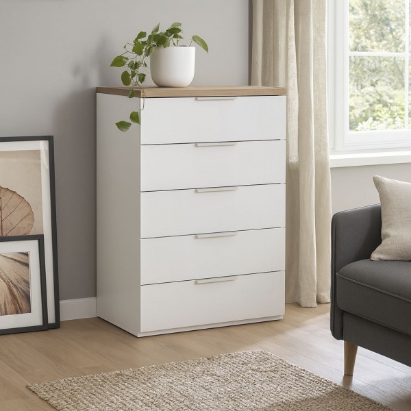 Vista ambientata Cassettone in legno colore "Bianco Laccato/Rovere Riviera" con 5 cassetti modello Orbis Totò Piccinni