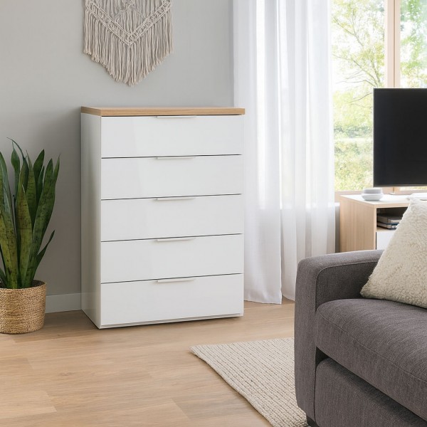 Vista ambientata Cassettone in legno colore "Bianco Laccato/Rovere Riviera" con 5 cassetti modello Orbis Totò Piccinni