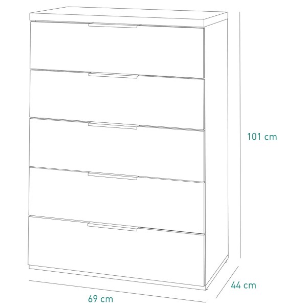 Specifica dimensioni Cassettiera  in legno colore "Bianco Laccato/Rovere Riviera" con 5 cassetti modello Orbis Totò Piccinni