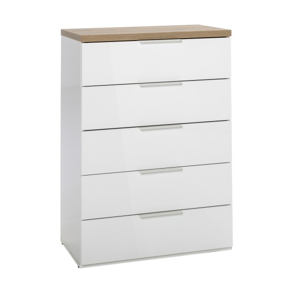 Vista diagonale Cassettone in legno colore "Bianco Laccato/Rovere Riviera" con 5 cassetti modello Orbis Totò Piccinni