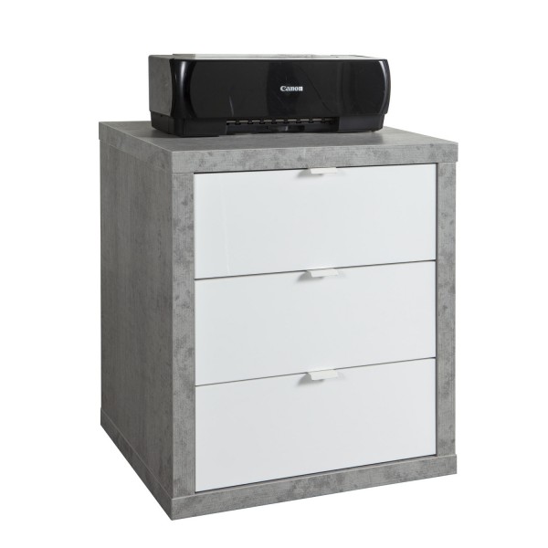 cassettiera bassa in legno con 3 cassetti e con ruote colore "cemento/bianco lucido" modello Skema Totò Piccinni