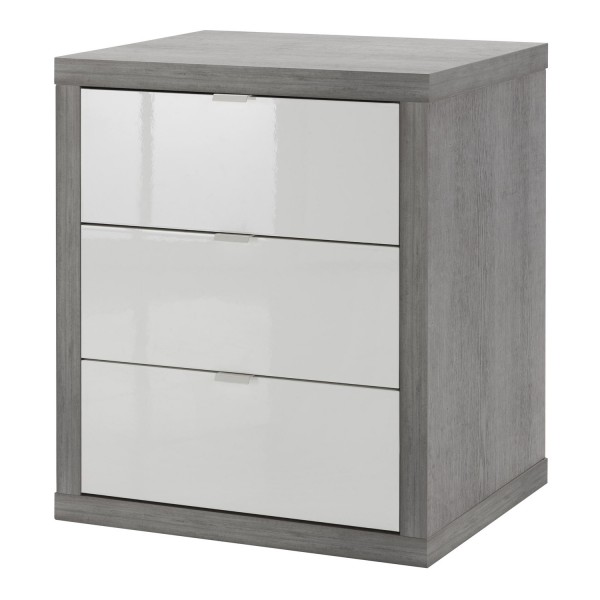 Vista diagonale cassettiera ufficio bassa in legno con 3 cassetti e con ruote colore "cemento/bianco lucido" modello Skema Totò Piccinni