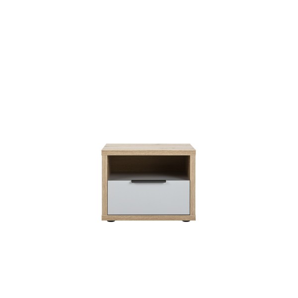 Vista frontale Comodino camera da letto in legno colore "Rovere Artisan/Grigio Laccato" con 1 cassetto modello Aura Totò Piccinni