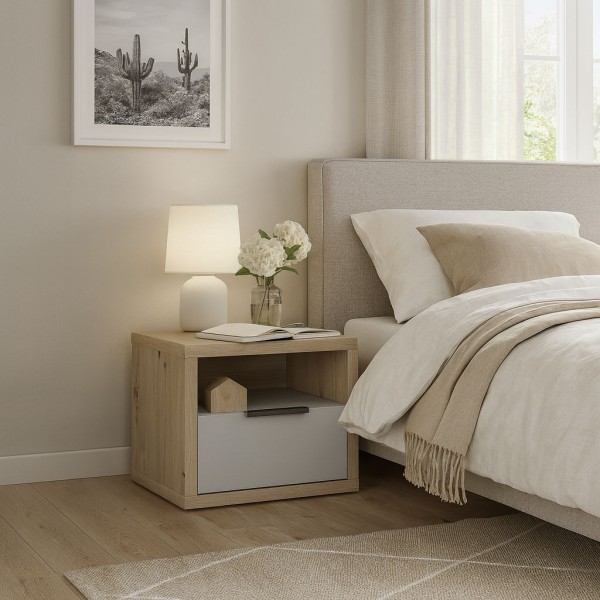Vista ambientata Comodino in legno colore "Rovere Artisan/Grigio Laccato" con 1 cassetto modello Aura Totò Piccinni