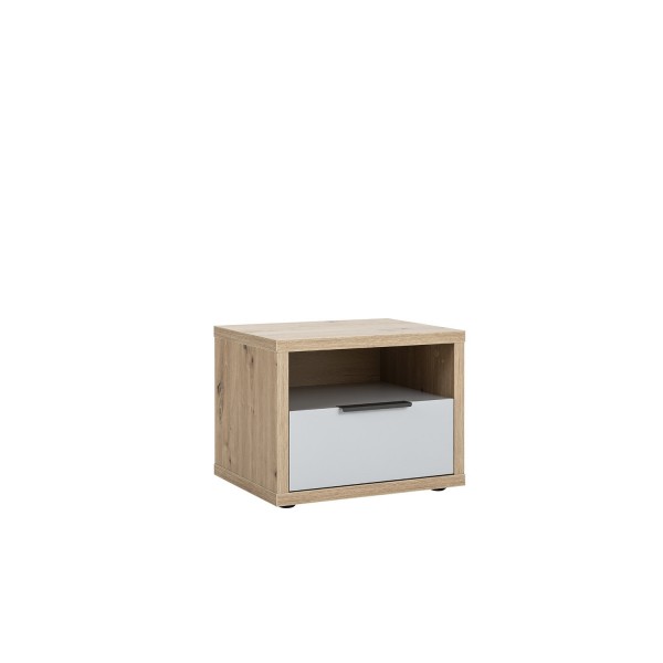 Vista diagonale Comodino in legno colore "Rovere Artisan/Grigio Laccato" con 1 cassetto modello Aura Totò Piccinni