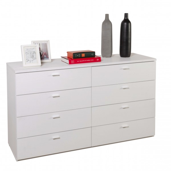 Vista diagonale Cassettiera ingresso in legno colore "Bianco Artlight" con 4 +4 cassetti modello Bianca Totò Piccinni