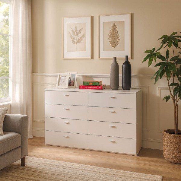 Vista ambientata Cassettiera ingresso in legno colore "Bianco Artlight" con 4 +4 cassetti modello Bianca Totò Piccinni