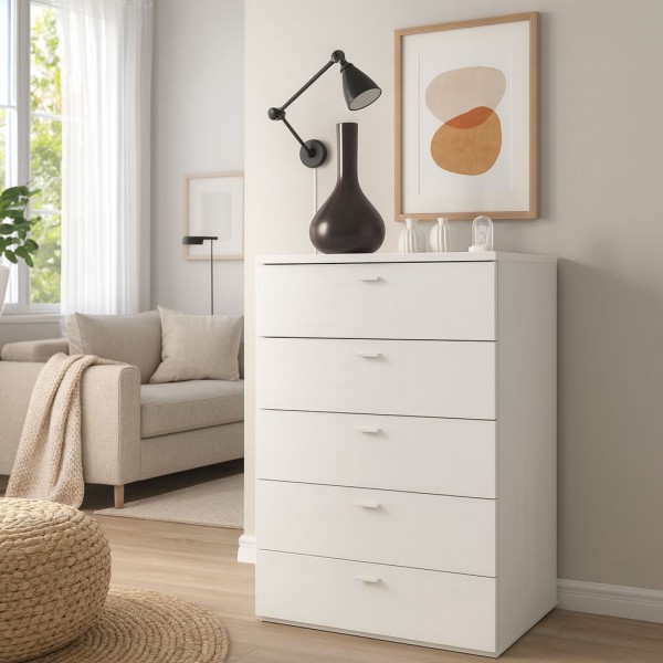 Vista ambientata Cassettiera ufficio in legno colore "Bianco Artlight" con 5 cassetti modello Bianca Totò Piccinni