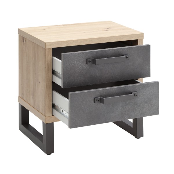 Vista diagonale Comodino moderno  in legno colore "Rovere Antico/Tadao Da2" con 2 cassetti Sylva Totò Piccinni