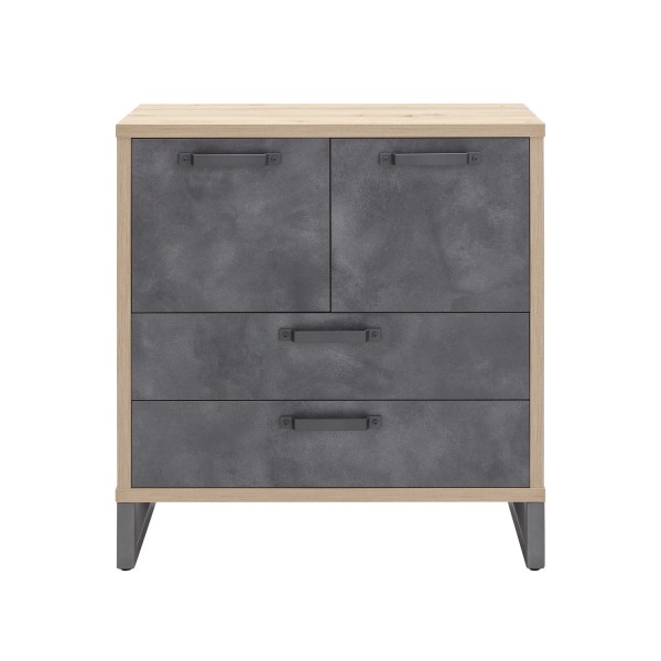 Vista frontale Credenza moderna  in legno colore "Rovere/Grigio Cemento" con 2 cassetti e 2 ante modello Sylva Totò Piccinni