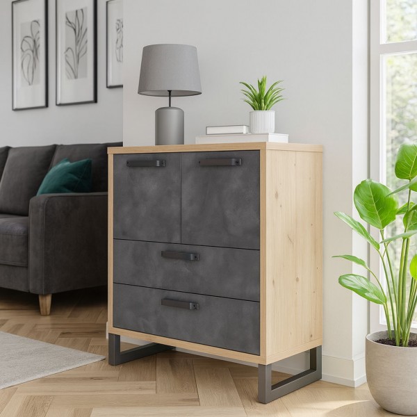 Vista ambientata Mobile contenitore in legno colore "Rovere/Grigio Cemento" con 2 cassetti e 2 ante modello Sylva Totò Piccinni
