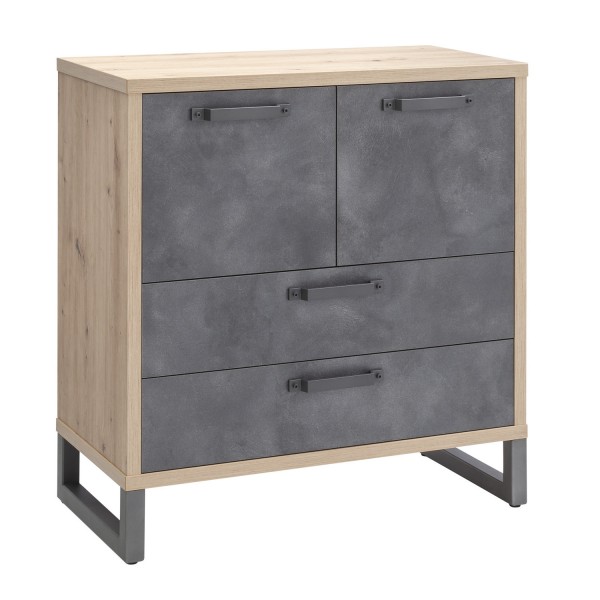 Vista diagonale Mobile contenitore in legno colore "Rovere/Grigio Cemento" con 2 cassetti e 2 ante modello Sylva Totò Piccinni