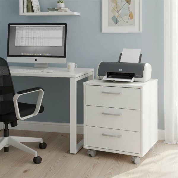 Vista ambientata cassettiera in legno con 3 cassetti con ruote colore "bianco laccato" Totò Piccinni