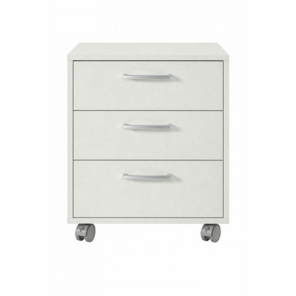 Vista frontale cassettiera in legno con 3 cassetti con ruote colore "bianco laccato" Totò Piccinni