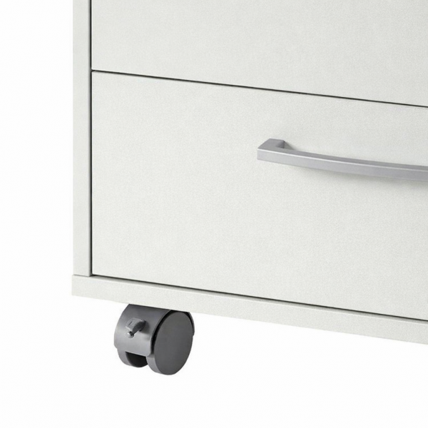 Dettaglio cassettiera in legno con 3 cassetti con ruote colore "bianco laccato" Totò Piccinni