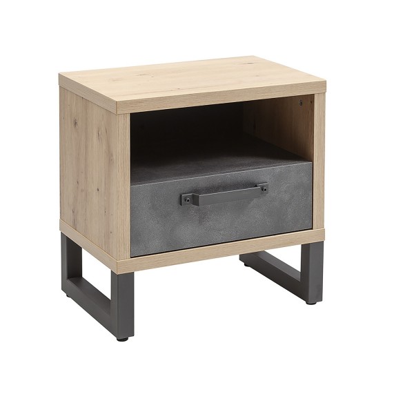 Vista diagonale Comodino in legno colore "Rovere Invecchiato/Cemento" con 1 cassetto e 1 vano modello Sylva Totò Piccinni