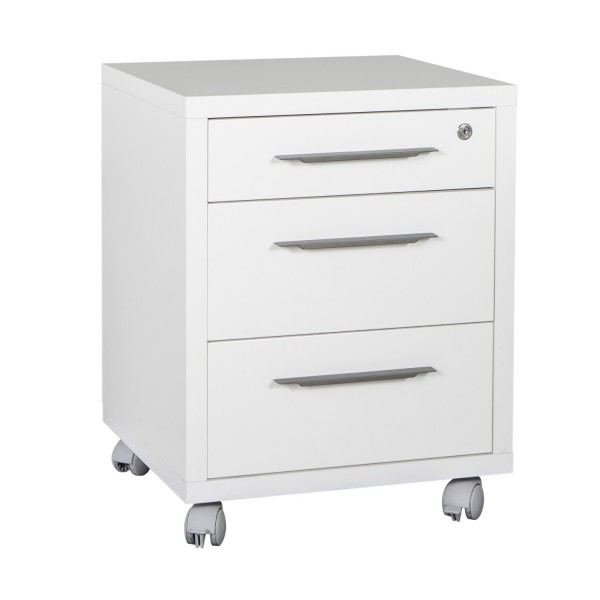 Cassettiera bassa in legno con 3 cassetti con serratura e ruote colore "bianco lucido" modello Toronto Totò Piccinni