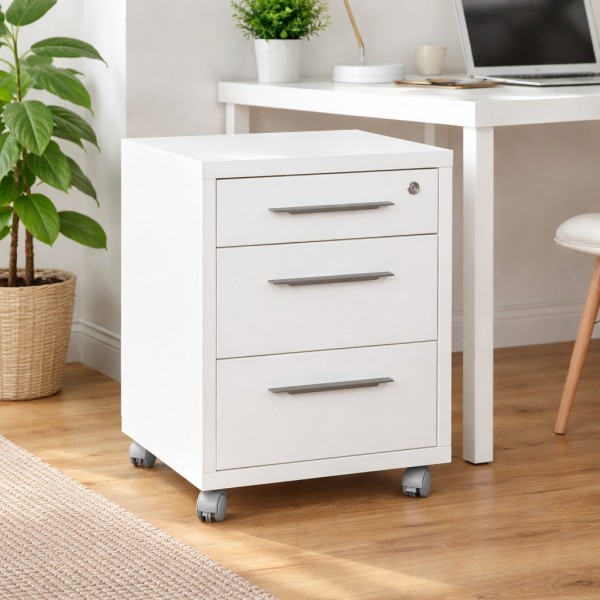 Vista ambientata Cassettiera bassa in legno con 3 cassetti con serratura e ruote colore "bianco lucido" modello Toronto Totò Piccinni