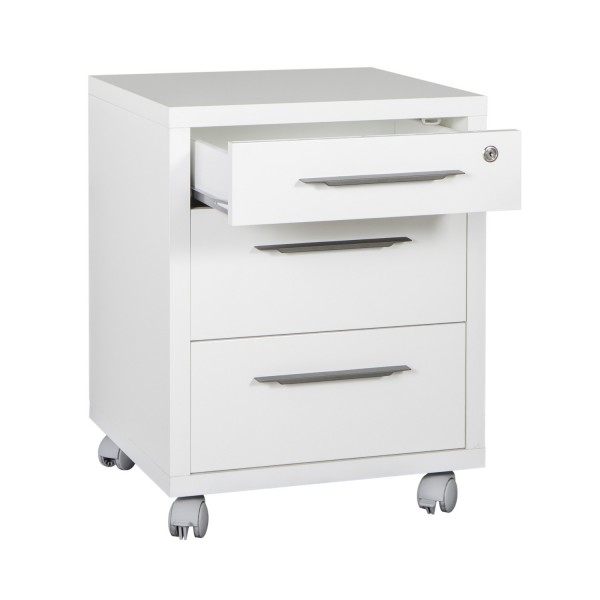 Cassettiera bassa in legno con 3 cassetti con serratura e ruote colore "bianco lucido" modello Toronto Totò Piccinni