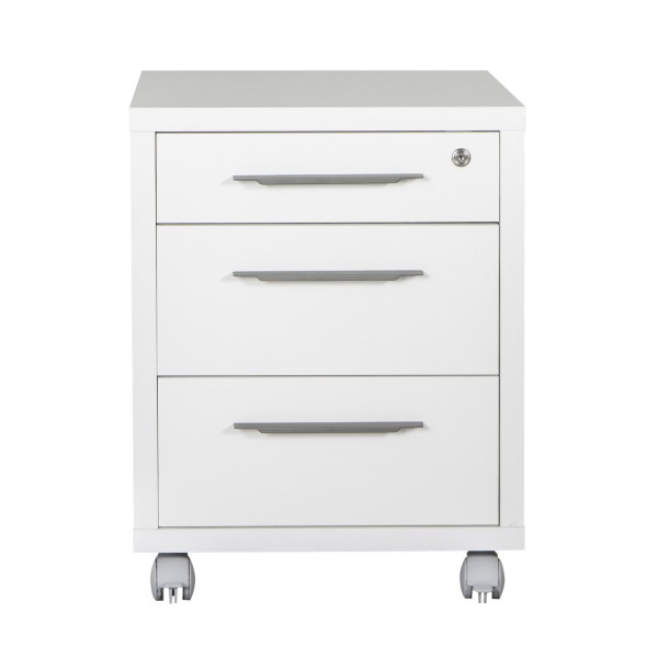 Vista frontale Cassettiera bassa in legno con 3 cassetti con serratura e ruote colore "bianco lucido" modello Toronto Totò Piccinni