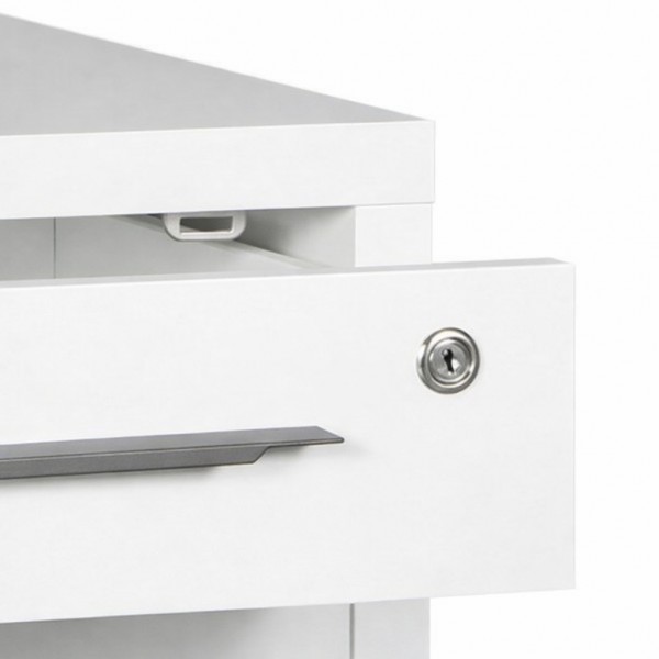 Dettaglio Cassettiera bassa in legno con 3 cassetti con serratura e ruote colore "bianco lucido" modello Toronto Totò Piccinni