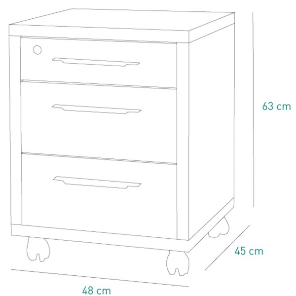 Specifica dimensioni Cassettiera bassa in legno con 3 cassetti con serratura e ruote colore "bianco lucido" modello Toronto Totò Piccinni