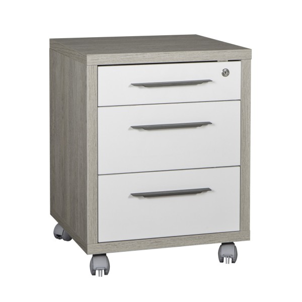 cassettiera bassa in legno 3 cassetti con serratura e ruote colore "rovere gessato/bianco laccato" modello Toronto Totò Piccinni