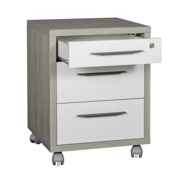 Vista diagonale con cassetto aperto cassettiera bassa in legno 3 cassetti con serratura e ruote colore "rovere gessato/bianco laccato" modello Toronto Totò Piccinni