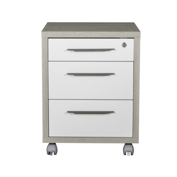 Vista frontale cassettiera ufficio bassa in legno 3 cassetti con serratura e ruote colore "rovere gessato/bianco laccato" modello Toronto Totò Piccinni