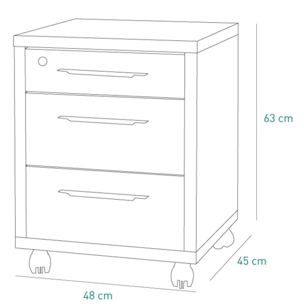 Specifica dimensioni cassettiera bassa in legno 3 cassetti con serratura e ruote colore "rovere gessato/bianco laccato" modello Toronto Totò Piccinni