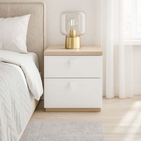 Vista ambientata Comodino classico in legno colore "Rovere Miele/Bianco Laccato" 2 cassetti modello Orbita Totò Piccinni