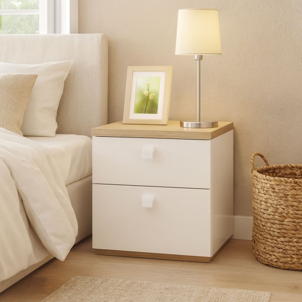 Vista ambientata Comodino classico in legno colore "Rovere Miele/Bianco Laccato" 2 cassetti modello Orbita Totò Piccinni