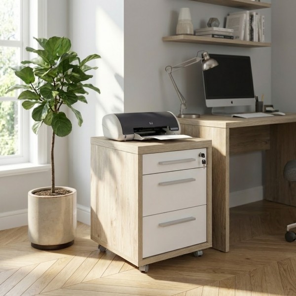 Vista ambientata Cassettiera bassa in legno con 3 cassetti con serratura e ruote colore "rovere bordeaux/bianco laccato" modello Shape Totò Piccinni