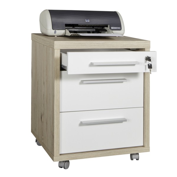 Vista diagonale con cassetto aperto Cassettiera ufficio bassa in legno con 3 cassetti con serratura e ruote colore "rovere bordeaux/bianco laccato" modello Shape Totò Piccinni