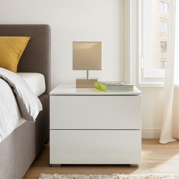 Vista ambientata Comodino in legno colore "Bianco Laccato" con 2 cassetti modello Brezza Totò Piccinni