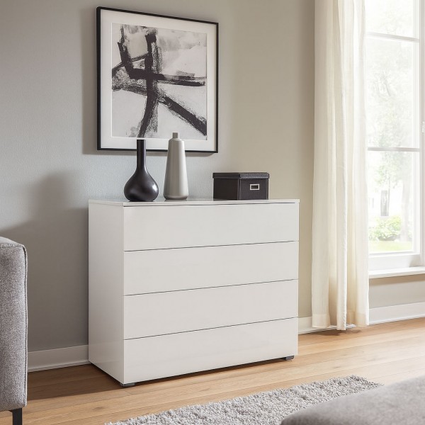 Vista ambientata Cassettiera in legno colore Bianco Laccato con 4 cassetti modello Brezza Totò Piccinni
