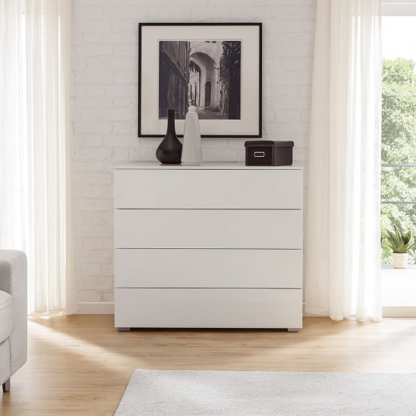 Vista ambientata Cassettiera in legno colore Bianco Laccato con 4 cassetti modello Brezza Totò Piccinni