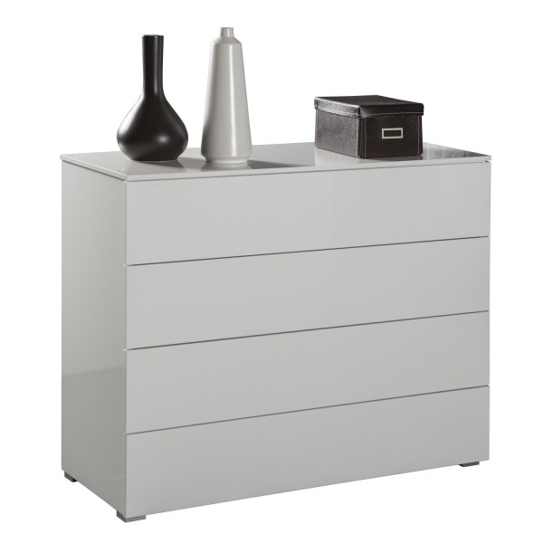 Vista diagonale Cassettiera in legno colore Bianco Laccato con 4 cassetti modello Brezza Totò Piccinni