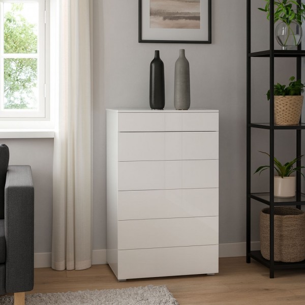 Vista ambientata Cassettiera moderna in legno colore Bianco Laccato con 6 cassetti modello Brezza Totò Piccinni