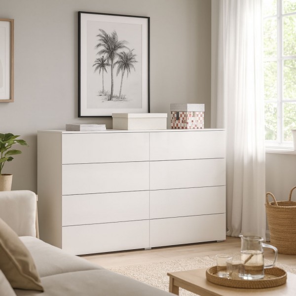 Vista ambientata Cassettiera doppio cassettone in legno colore Bianco Laccato modello Brezza Totò Piccinni