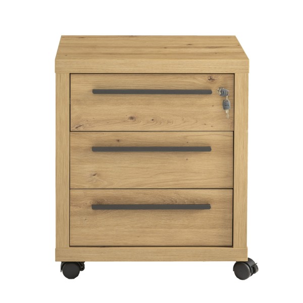 Vista frontale Cassettiera in legno colore Rovere Miele con 3 cassetti e serratura modello Alba Totò Piccinni