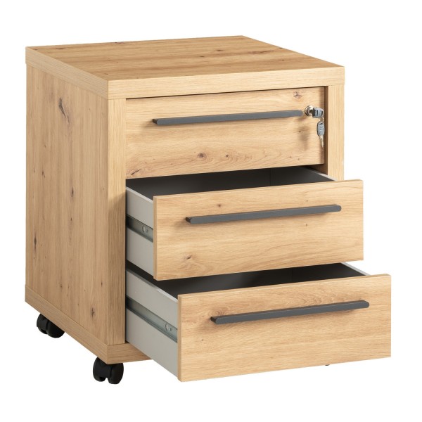 Vista diagonale Cassettiera in legno colore Rovere Miele con 3 cassetti e serratura modello Alba Totò Piccinni