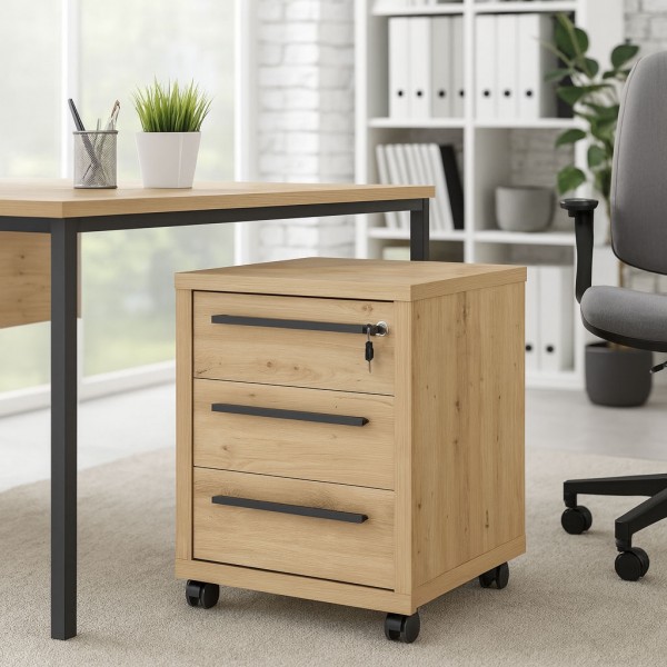 Vista ambientata Mobile cassettiera in legno colore Rovere Miele con 3 cassetti e serratura modello Alba Totò Piccinni