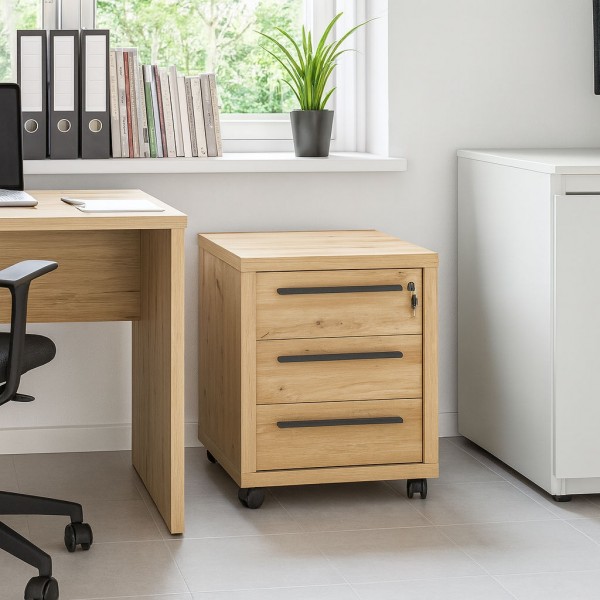 Vista ambientata Mobile cassettiera in legno colore Rovere Miele con 3 cassetti e serratura modello Alba Totò Piccinni