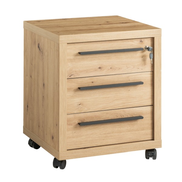 Vista diagonale Mobile cassettiera in legno colore Rovere Miele con 3 cassetti e serratura modello Alba Totò Piccinni
