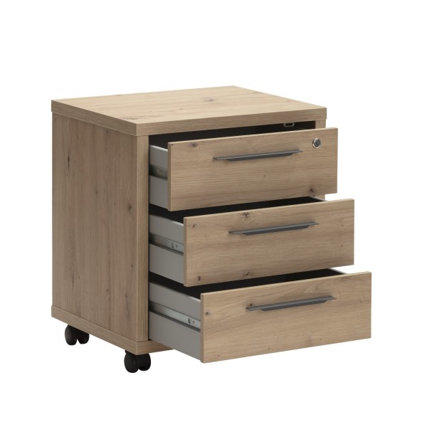 Vista diagonale Cassettiera moderna in legno colore Rovere Miele con 3 cassetti e ruote modello Toronto Totò Piccinni