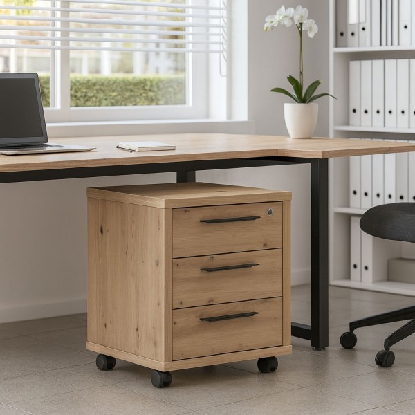 Vista ambientata Cassettiera in legno colore Rovere Miele con 3 cassetti e ruote modello Toronto Totò Piccinni