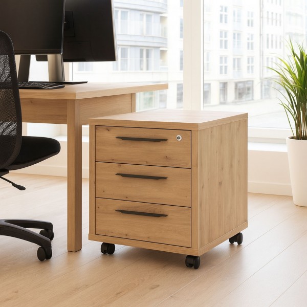 Vista ambientata Cassettiera in legno colore Rovere Miele con 3 cassetti e ruote modello Toronto Totò Piccinni