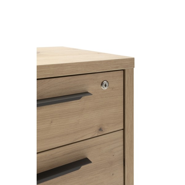 Dettaglio Cassettiera ufficio in legno colore Rovere Miele con 3 cassetti e ruote modello Toronto Totò Piccinni